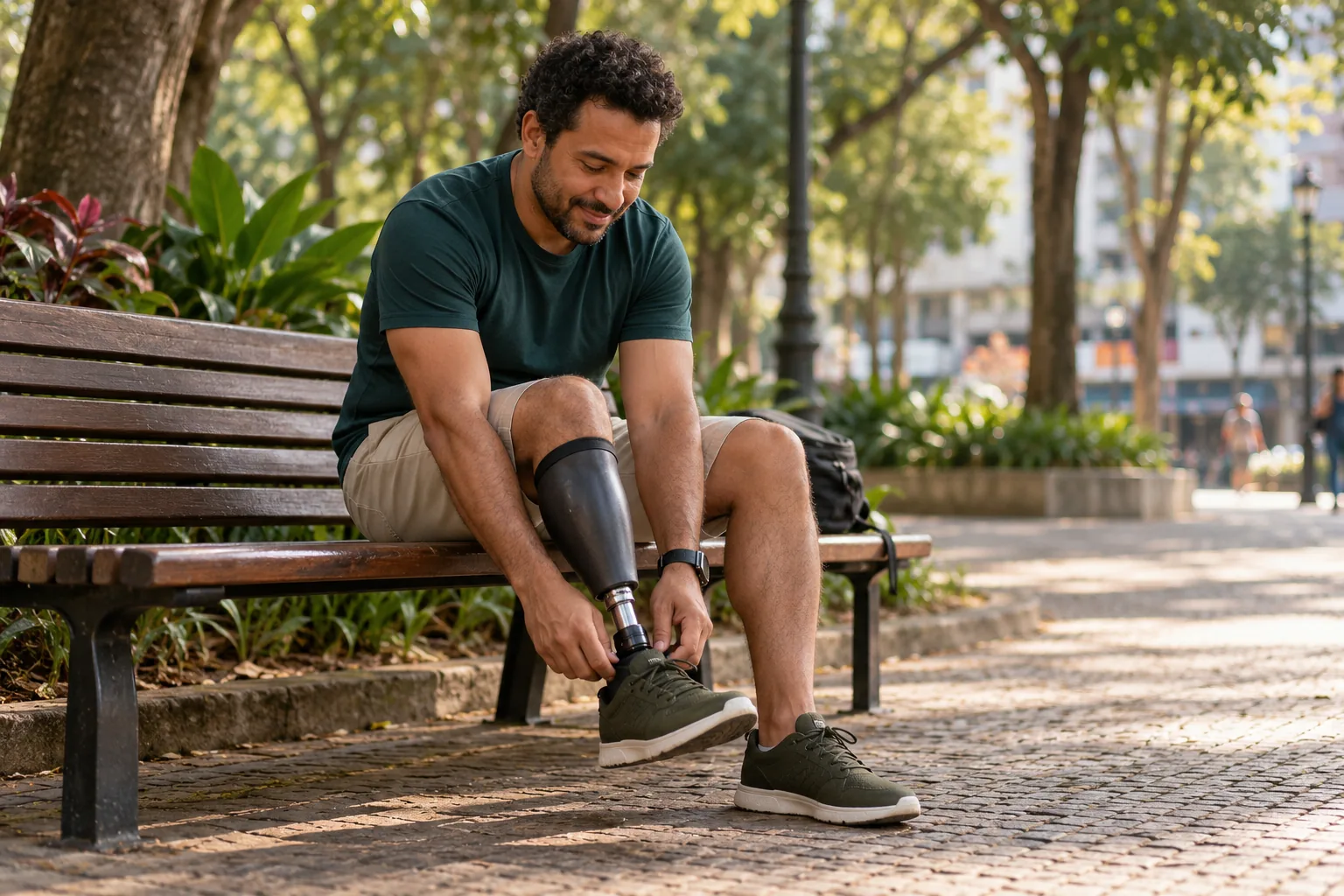 Homem com prótese de perna sentado em um banco de praça, em cena ilustrativa.
