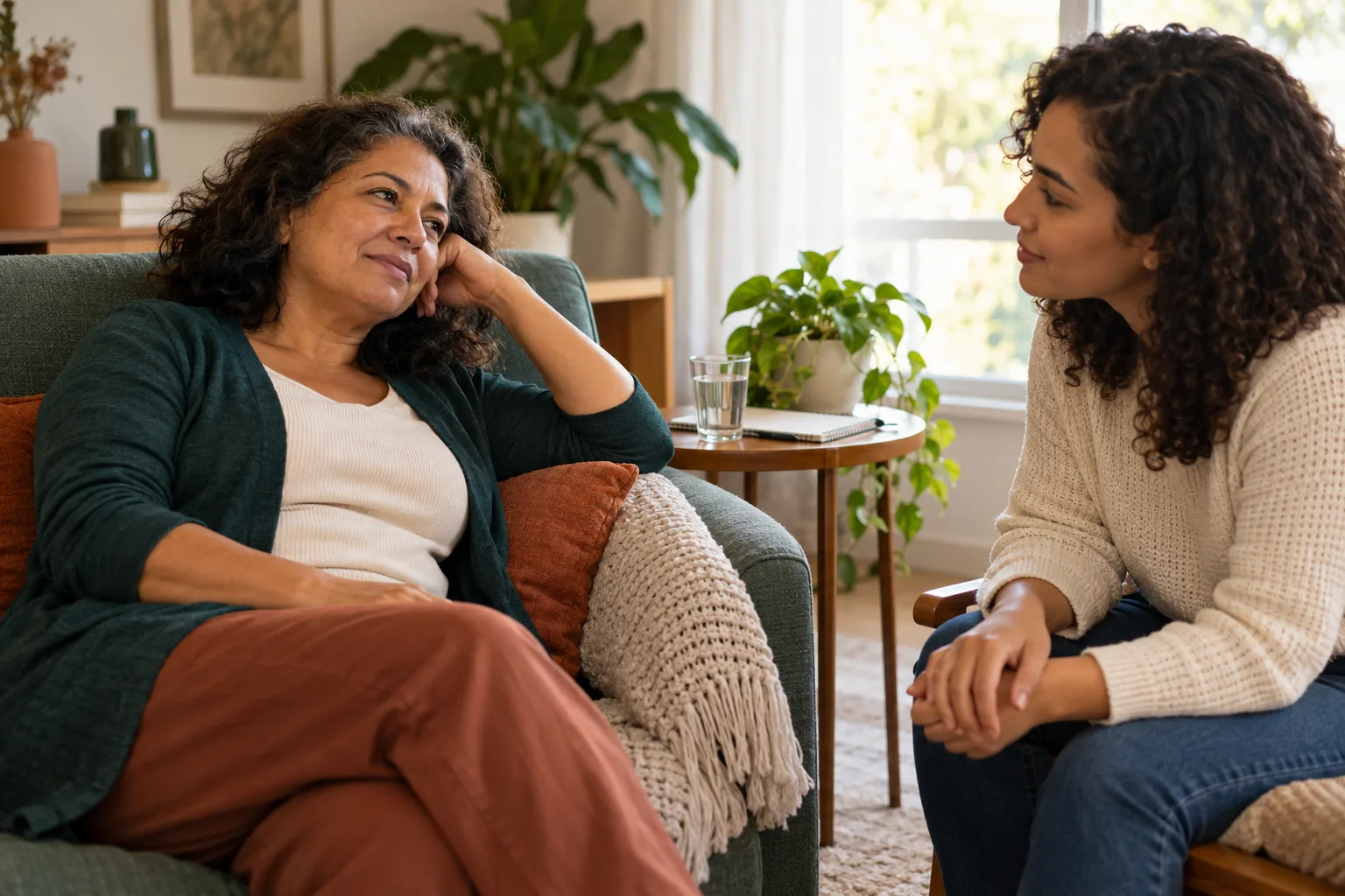 Mulher descansando em uma poltrona enquanto conversa com familiar, em cena ilustrativa.