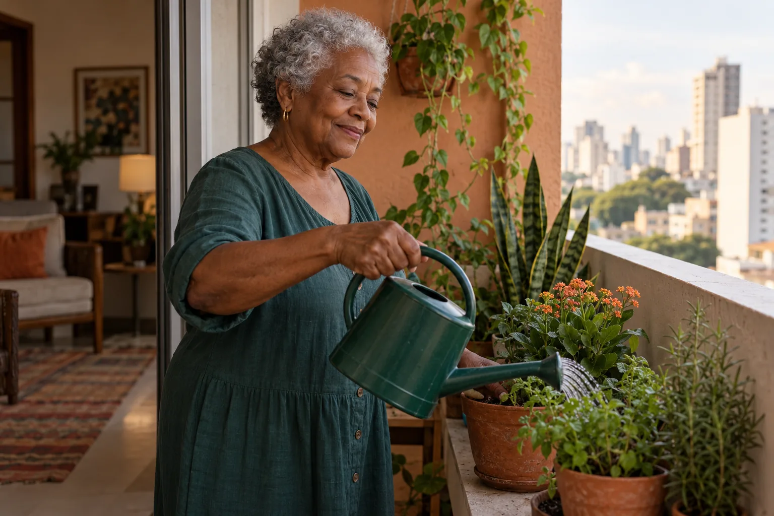 Mulher idosa cuidando de plantas em sua varanda, em cena ilustrativa.