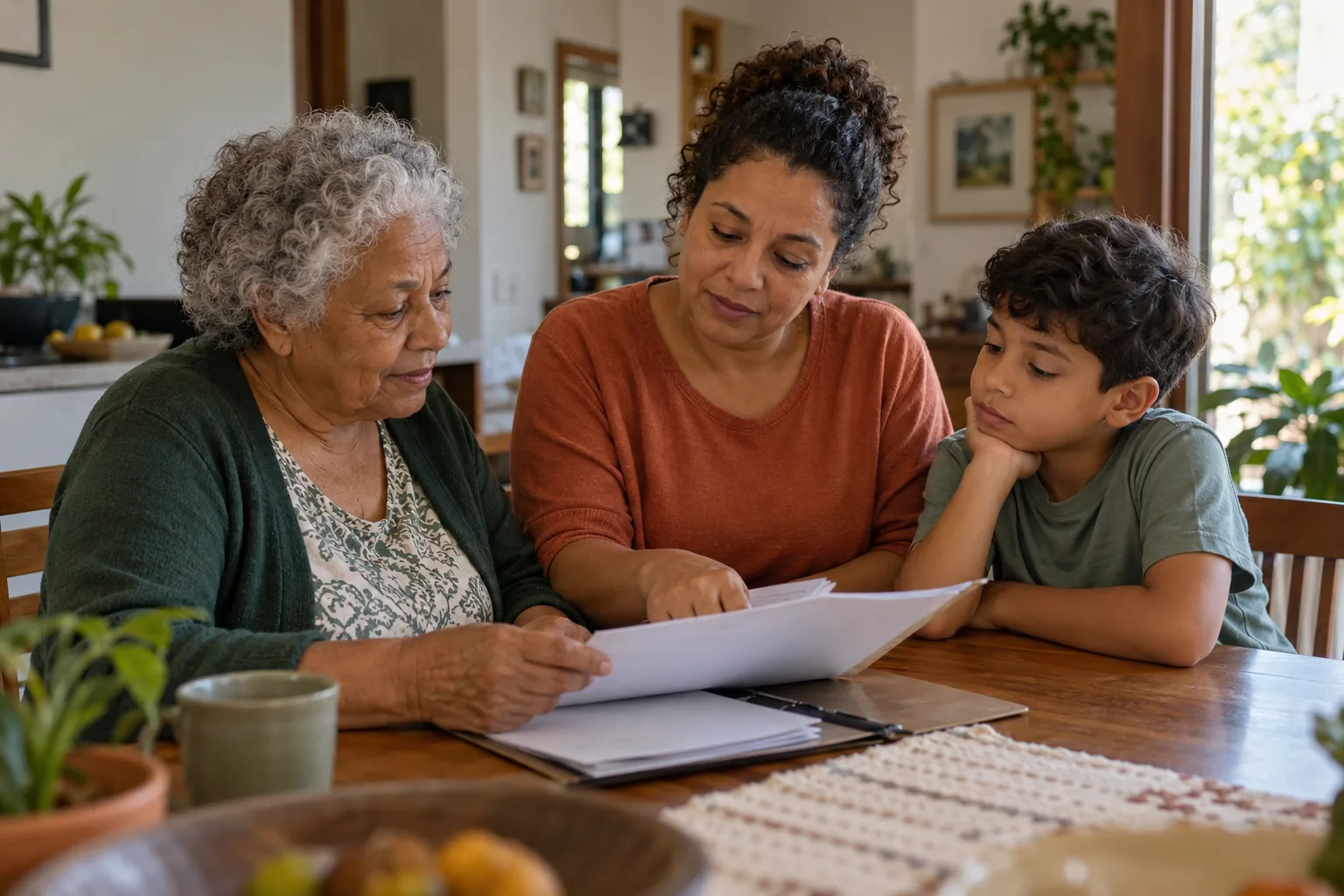 Família de três gerações consultando documentos em casa, em cena ilustrativa.