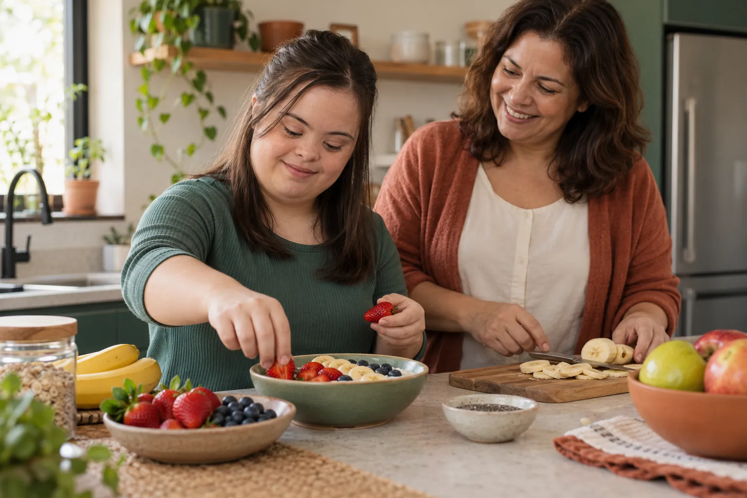 Jovem com síndrome de Down e sua mãe preparando frutas na cozinha, em cena ilustrativa.