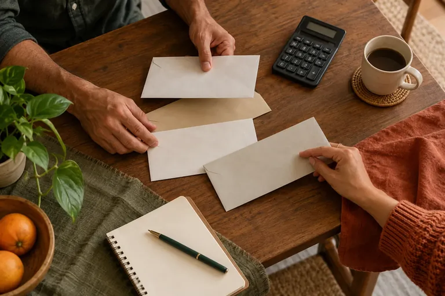 Duas pessoas conferindo envelopes e calculadora à mesa, em cena ilustrativa.